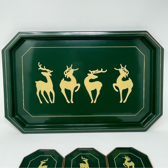 Vintage Serving Trays and Coasters Set Enesco Hunter Green Deer Made in Japan - Picture 11 of 16